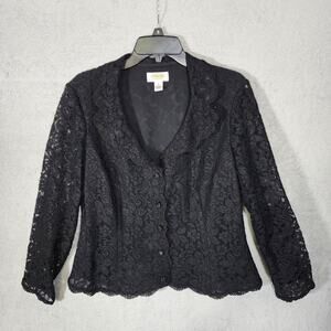 Talbots Jacket Floral Embroidered Lace Black Button Up Lined Size 16 Petite